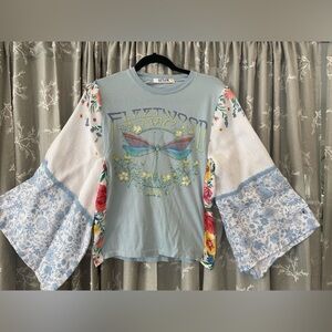 Fleetwood Mac Upcycled Graphic Tee with Floral Bell Sleeves Size Small